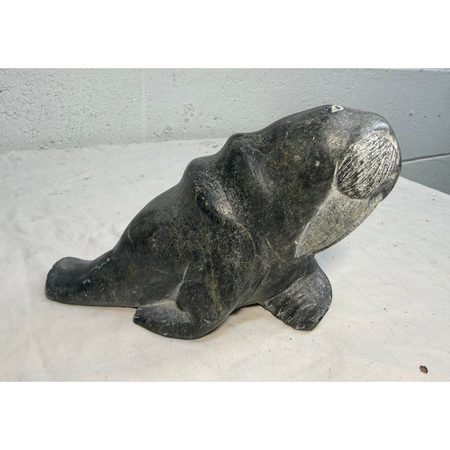 Big Antique Hand Carved Soapstone Canadian Eskimo Walrus Sculpture Inuit Statue For Sale - Image 9 of 13