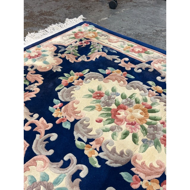 Blue 4ft × 6ft Chinese Floral Wool Area Rug, Circa 1979 For Sale - Image 8 of 12