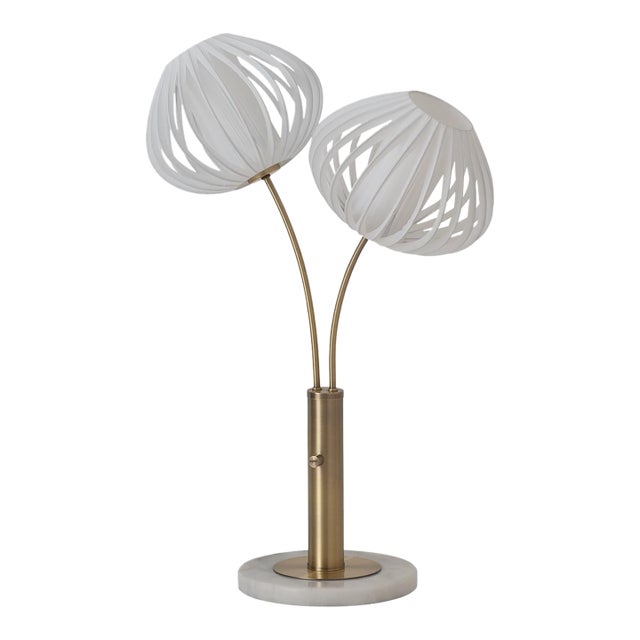 1990s Modern Style Bloom Pair Light Brass Table Lamp - Weathered Brass, White Marble Base, White Satin Shade For Sale