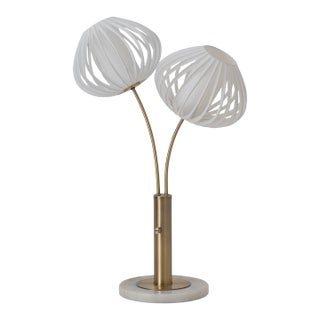 Bloom 2-Light Table Lamp - Weathered Brass, White Marble Base, White Satin Shade For Sale