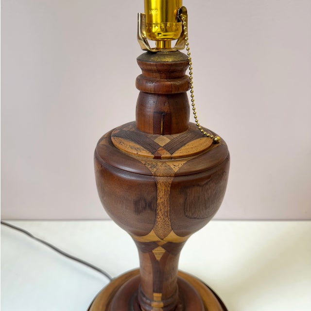 Brown Mid-Century Turned Mixed Wood Lamp With Shade For Sale - Image 8 of 12