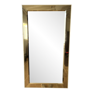 Hollywood Regency Brass Framed Mirror With Beveled Glass, Deep Profile Glam Wall
