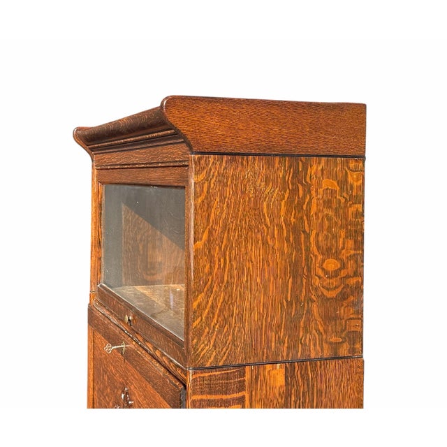 Wood Antique Arts & Crafts Four Section Tiger Oak Lyre Carved Barrister Bookcase For Sale - Image 7 of 11
