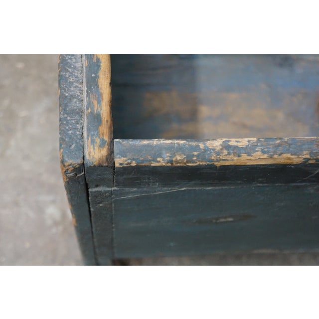 Antique Primitive Pine Bin Teal Blue Milk Paint Wood Storage Rolling Crate Box For Sale - Image 13 of 16