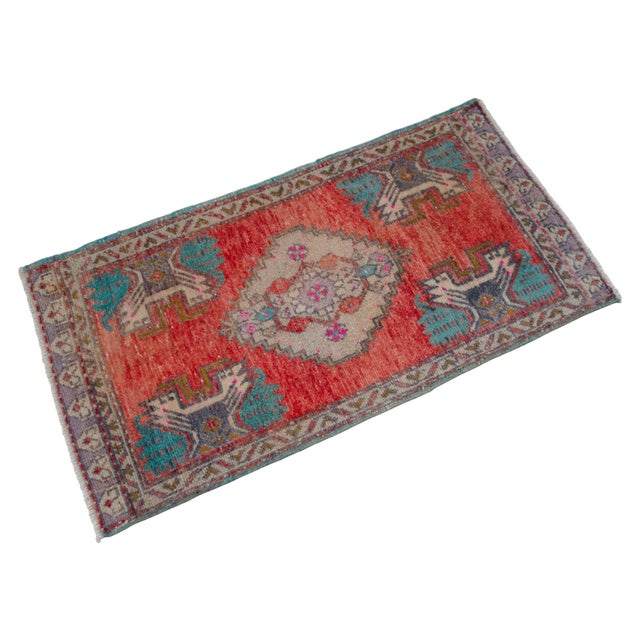 Small Vintage Turkish Oushak Rug 2x3 Hand Knotted Wool Red Teal Entryway Mat Handmade Doormat For Sale - Image 4 of 14