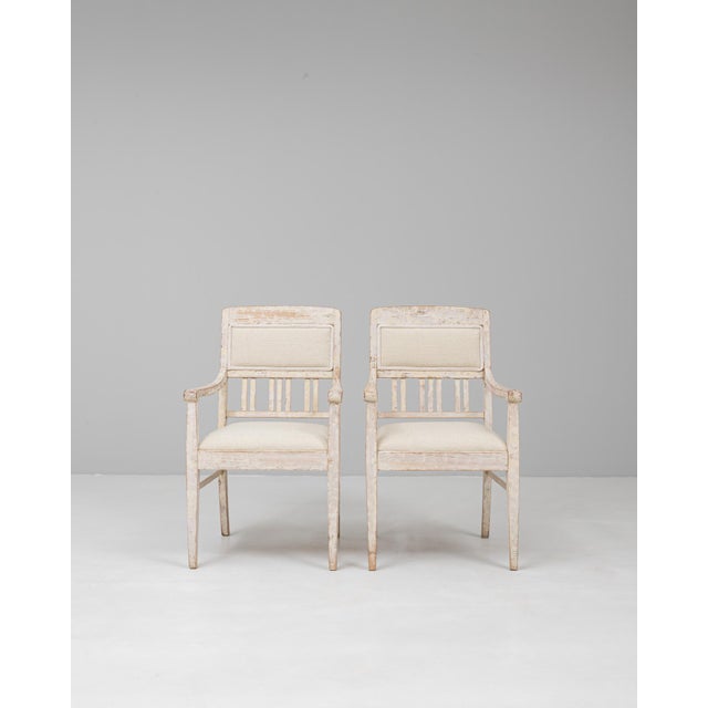 Traditional 20th Century French White Patinated Gustavian Upholstered Chairs - A Pair For Sale - Image 3 of 18