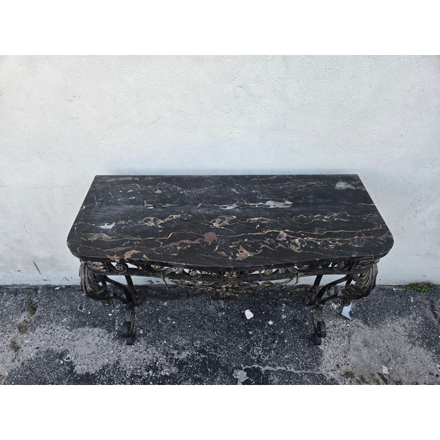 1920's French Wrought Iron Console Table Adorned W Flowers W Marble Top For Sale - Image 9 of 10