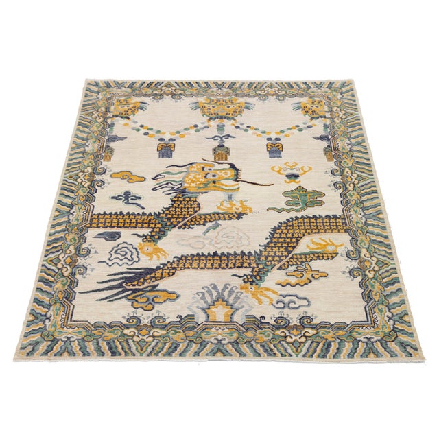 9x12 Hand-Knotted Modern Chinoiserie Wool Rug – Dragon & Cloud Motif in Cream For Sale In New York - Image 6 of 11
