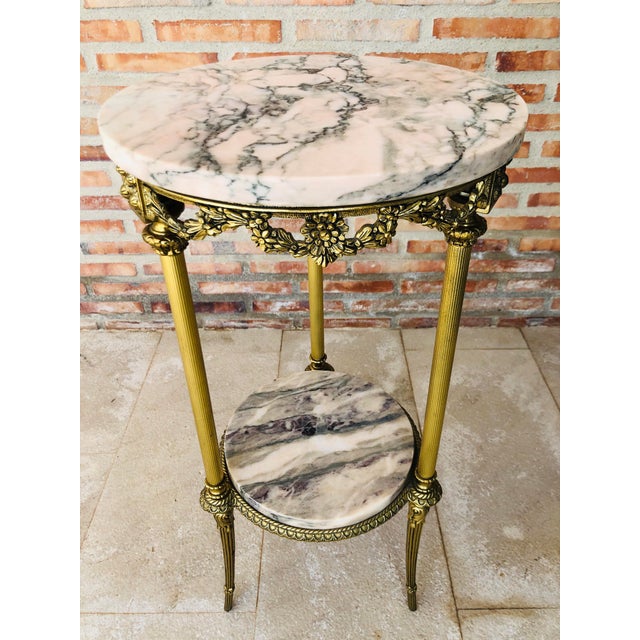 Brass 19th Spanish Bronze and Brass Gilted Side Table With White Marbles Top For Sale - Image 8 of 10