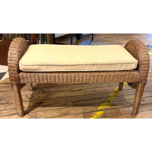 Mid-Century Modern Mid Century Rattan Beach With Spiraled Ends and Upholstered Seat For Sale - Image 3 of 5