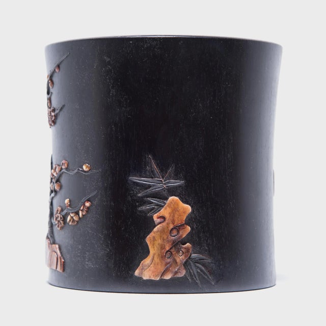 A brush pot or bitong, such as this one, was often found among a scholar's brushes, inkpot, and inkstone. This beautiful...