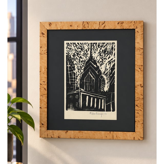 Vintage Signed Ruben Bermejo Black & White Architectural Print, 1991, Burl Wood Frame For Sale - Image 4 of 9