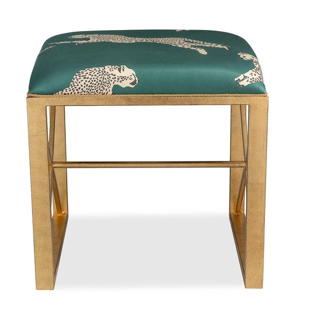 The Medallion Single Black Bench is shown with Scalamandre's whimsical "Leaping Cheetah" fabric in Evergreen. We have...