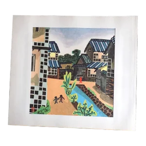 Vintage Signed Folio Size Mid 20th C. Lithograph of Japanese Neighborhood