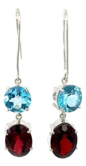 925 Silver Fish Hook Dangling Earrings With Garnet and Blue Topaz by Caratandher– A Pair