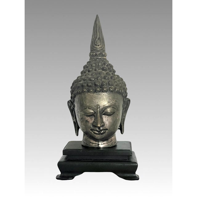 Wood South East Asian 'Silver'' Shan Buddha Head on Carved Wood Stand For Sale - Image 7 of 11