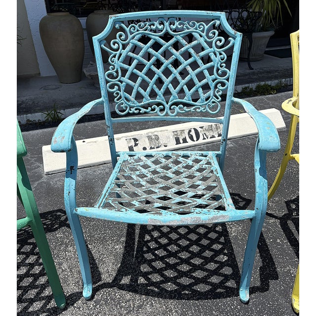 Vintage Cast Aluminum Brightly Painted Outdoor Armchairs- Set of 6 For Sale - Image 10 of 18