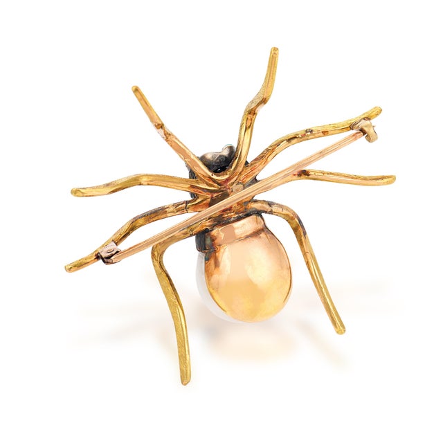 Vintage Pearl Diamond 18k Yellow Gold Silver Spider Brooch For Sale In Los Angeles - Image 6 of 6