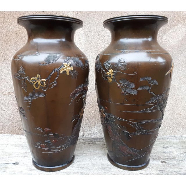 Meiji Era Bronze Vases with Precious Metal Inlays by Kumagaya, Japan, 1890s, Set of 2 For Sale - Image 12 of 12