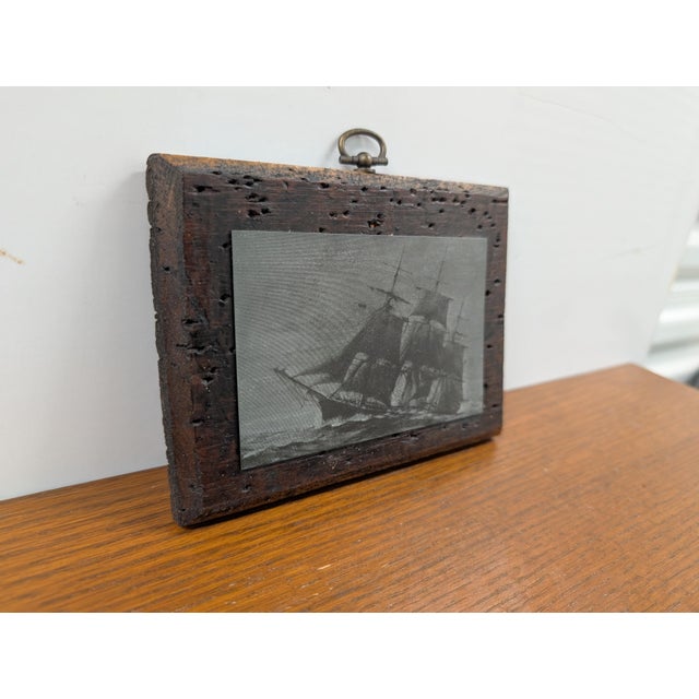 Nautical Vintage Etched Maritime Ship Art in Charactered Woodworm Wooden Frame For Sale - Image 3 of 6