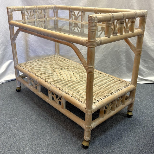 Vintage Palm Beach Chic Ficks Reed Style Rattan and Glass Rolling Bar Cart For Sale In West Palm - Image 6 of 14