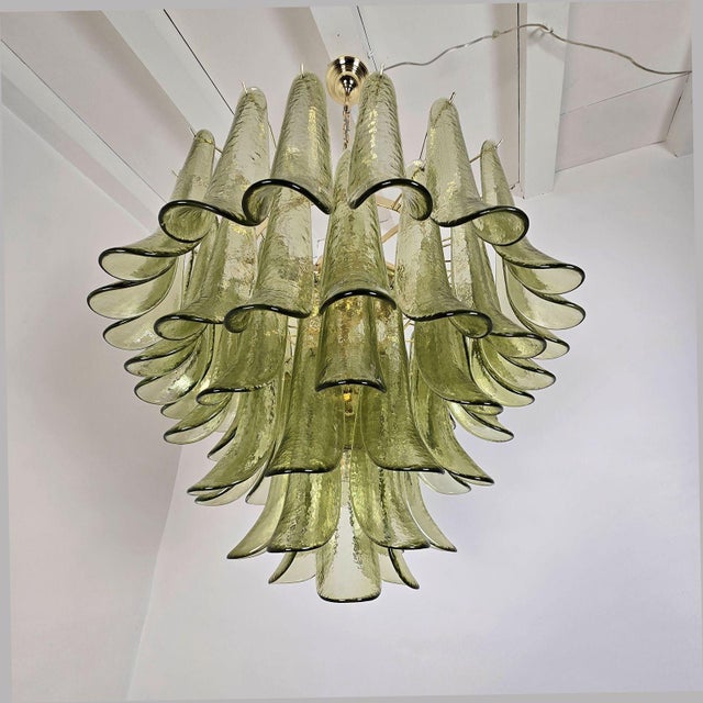 1980s Attributed to Mazzega Murano Glass Olive Green Petal Chandelier For Sale - Image 9 of 14
