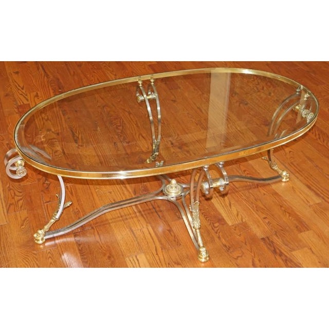 ​Louis XV Style Steel & Brass Glass Top Coffee Cocktail Table Attributed to Labarge Dimensions : 54" Wide X 32" Deep X...