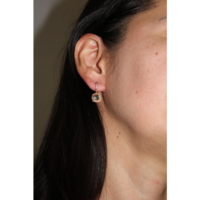 Green Amethyst Prasiolite Diamond Halo Rose Gold Huggie Drop Unique Earrings, A Pair For Sale - Image 10 of 11
