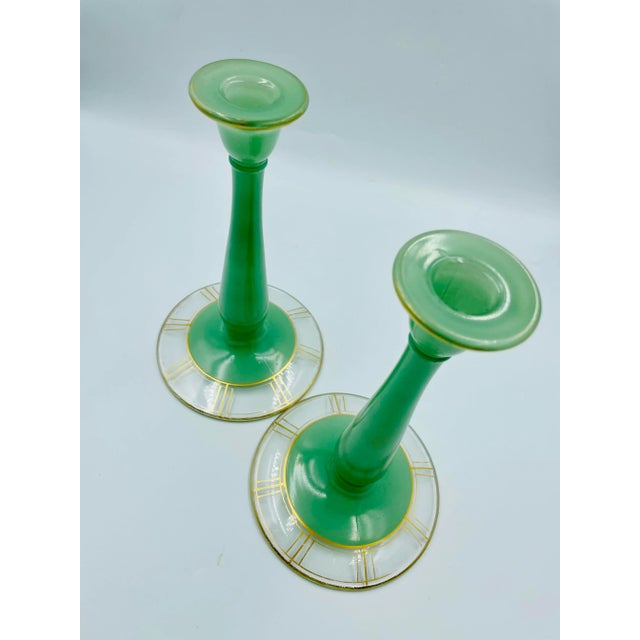 Early 20th Century Art Deco Jadeite-Style Candle Holders With Chronograph Gold Leaf Motif - a Pair For Sale - Image 9 of 12