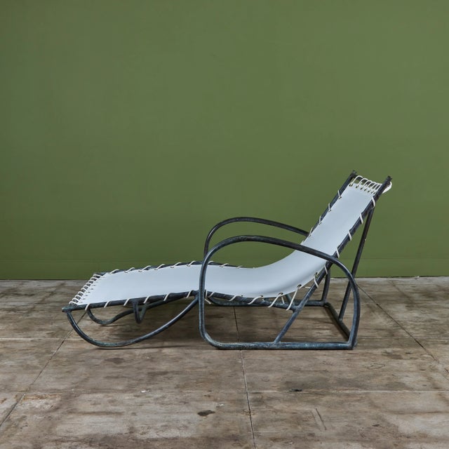 Early Walter Lamb Bronze & Canvas Double Wide Patio Chaise Lounge For Sale - Image 9 of 16