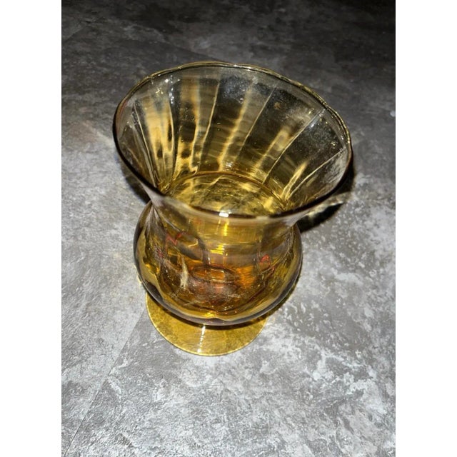 Beautiful Italian amber glass decorative wide mouth pedestal vase. 7.5" tall; mouth is 4.75"D