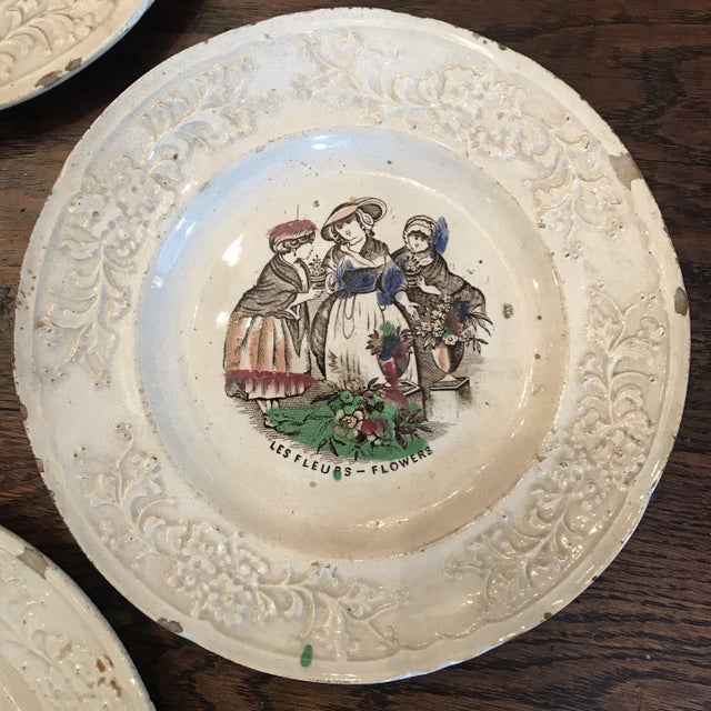 Early 19th Century Set of Three French Early 1800s Century Plates: Flowers, Boatmen, Dandies and Schoolmaster For Sale - Image 5 of 9