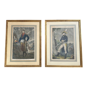 Antique Framed Hand Colored 19th Century French Engravings of Revolutionary & Napoleonic Military Officers a Pair