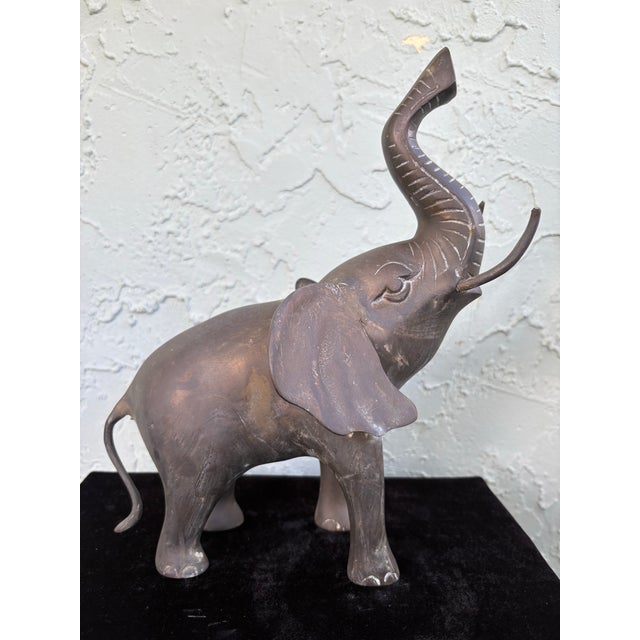 Vintage Hand-Cast Brass Elephant Sculpture With Raised Trunk For Sale - Image 4 of 9