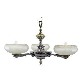 French Art Deco Chrome Plated Brass Chandelier With Frosted Ecru Glass Shades For Sale