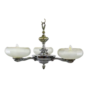 French Art Deco Chrome Plated Brass Chandelier With Frosted Ecru Glass Shades