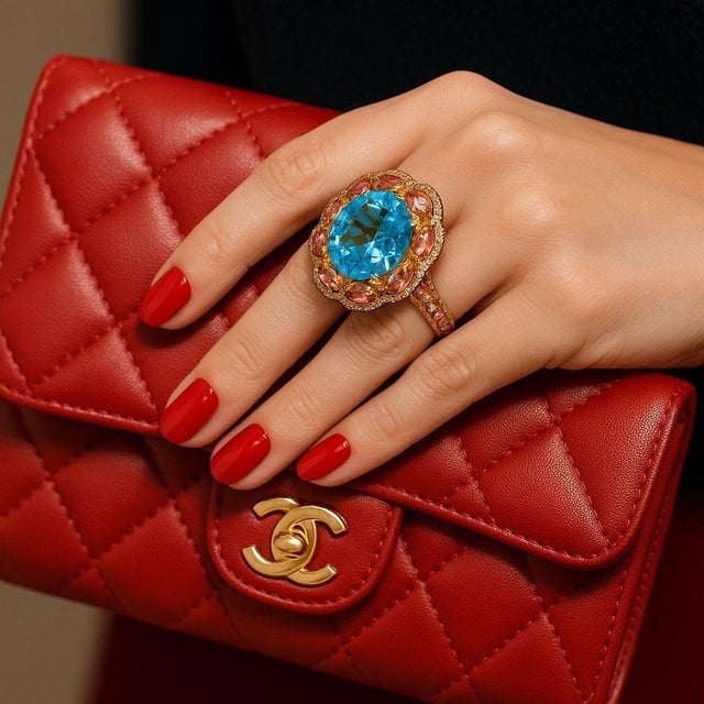 Gemstone Bochic “Orient” Vintage Diamond, Blue Topaz & Pink Tourmaline Ring Set 18K & Sil For Sale - Image 7 of 11