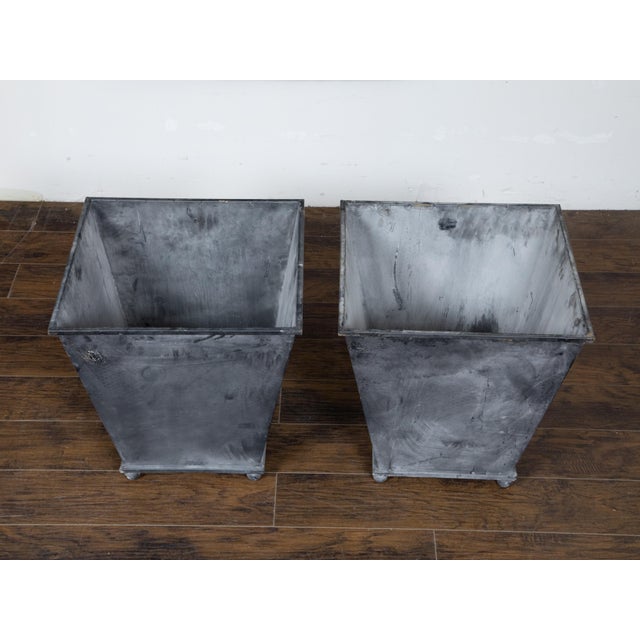 Pair of Industrial Style Grey Metal Planters with Tapered Lines and Ring Pulls For Sale - Image 10 of 11
