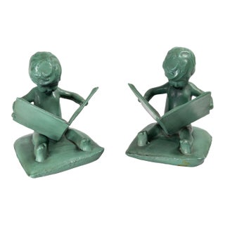 Early 20th Century Art Deco Pair of Verdigris Green Bookends of Girls Reading Attributed to FrankArt For Sale