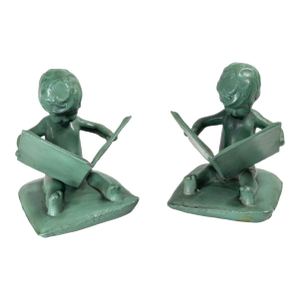 Early 20th Century Art Deco Pair of Verdigris Green Bookends of Girls Reading Attributed to FrankArt