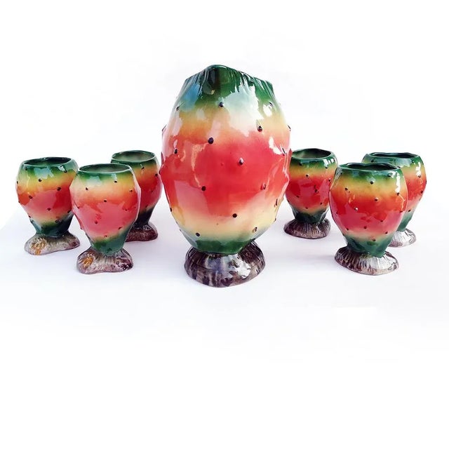 Postmodern Ceramic Watermelon Pitcher and Cups from Falco, 1970s, Set of 7 For Sale - Image 3 of 6