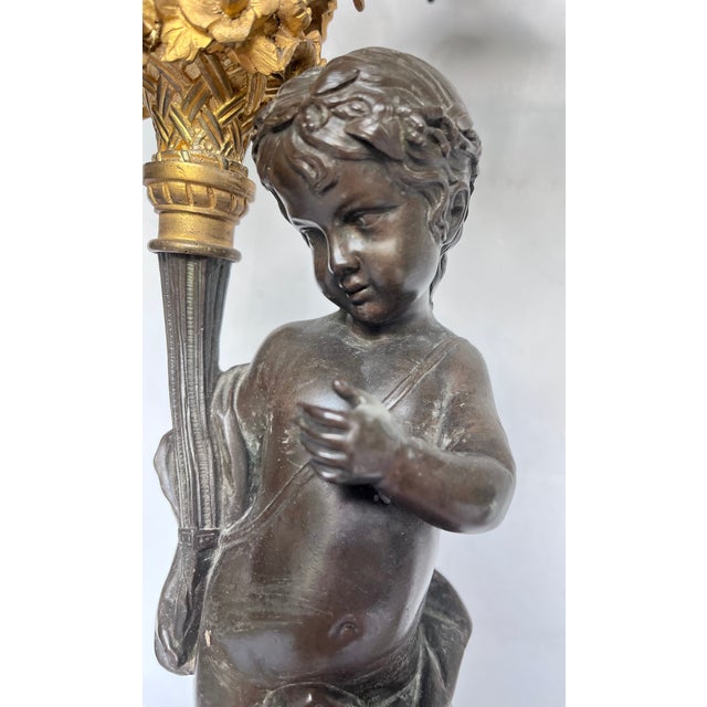 19th Century French Louis XVI Style Figural Bronze and Marble Candelabra - A Pair For Sale - Image 10 of 18