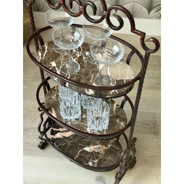 Marble Stone and Wrought Iron Metal 3-Tier Plant Stand or Bar Cart For Sale In Los Angeles - Image 6 of 16