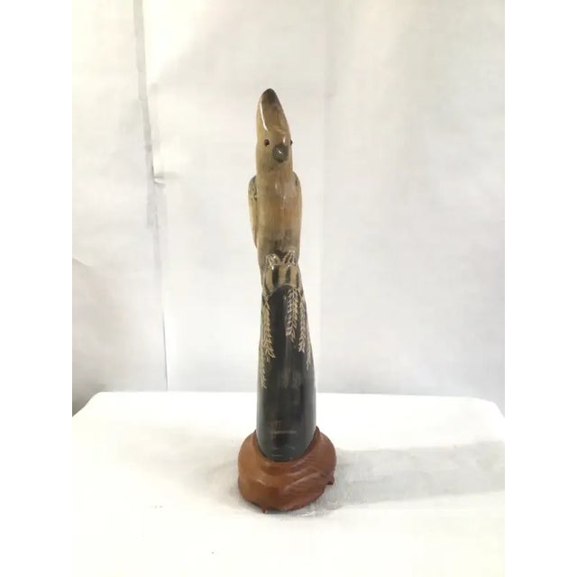 1940s Hand Carved Water Buffalo Horn of Detailed Bird Sculpture on a Wood Base For Sale - Image 4 of 11