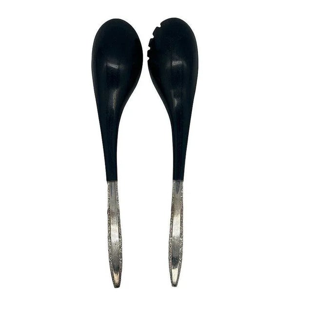 Mid-cetury sterling silver salad servers with black nylon ends. The set is by Wallace Silver in the Washington pattern....