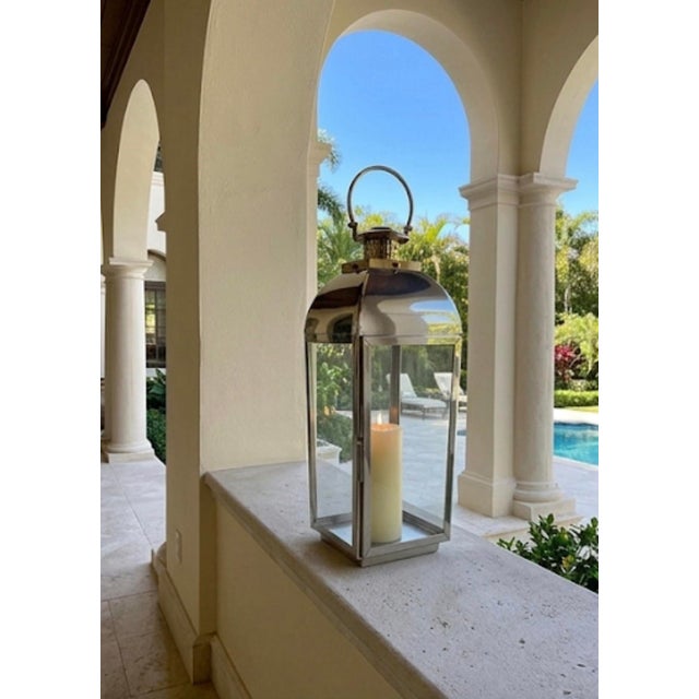 Large Mid-Century Modern Polished Stainless Steel and Brass Floor Lantern For Sale - Image 11 of 12