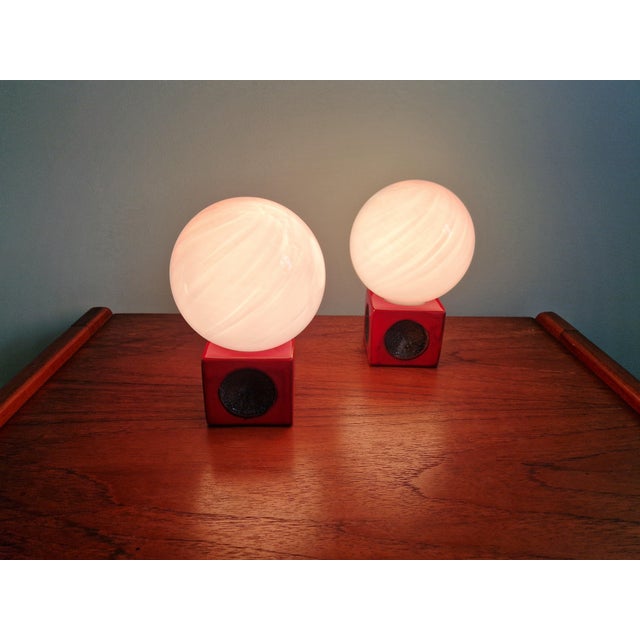 Red Ceramic Bedside Lamps with Opaline Glass Globes, 1970s, Set of 2 For Sale - Image 4 of 14