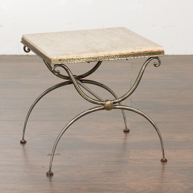 Midcentury French Steel Side Table with Marble Top and Scrolling Supports For Sale - Image 10 of 12