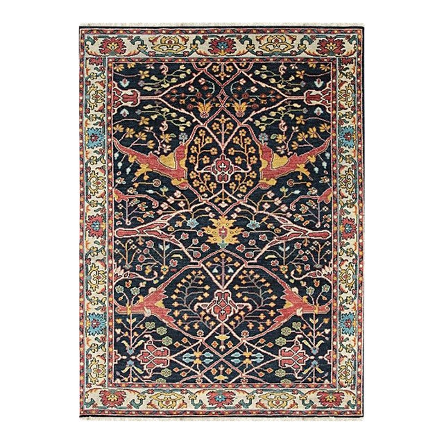 6x9 Blue Hand-Knotted Wool Phoenix Design Motif Geometric Modern Carpet Rug For Sale