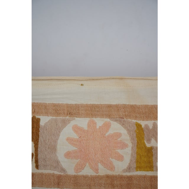 Artisan Suzani Table Cover, Vintage Uzbek Textile in Warm Tones 4'1'' X 4'5'' For Sale - Image 9 of 10